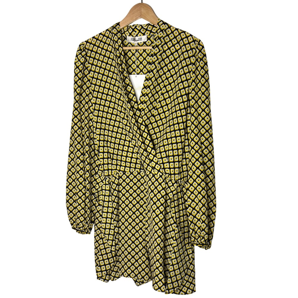 Diane von Furstenberg Silk Yellow Black Geometric Print‎ Long Sleeve Romper Sz L - Picture 10 of 11